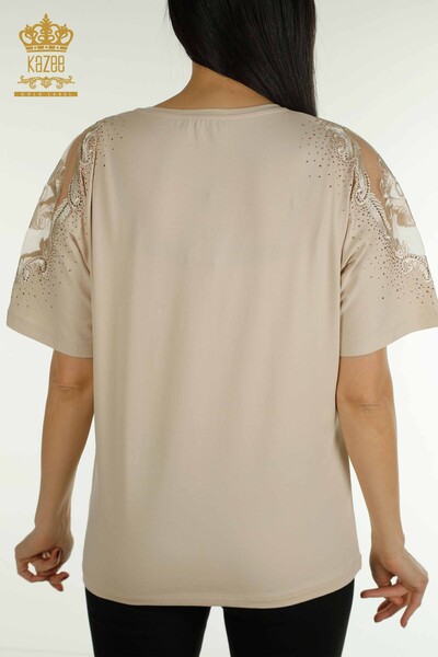 Großhandel Damen Bluse - Schulter Tüll details - Hellbeige - 79553 | KAZEE - 7