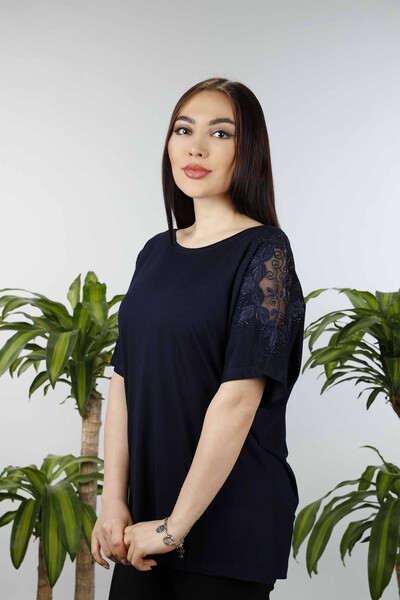 Großhandel Damen bluse - Schulterfrei Tüll detailliert - Rundhalsausschnitt – 77455 | KAZEE - Thumbnail