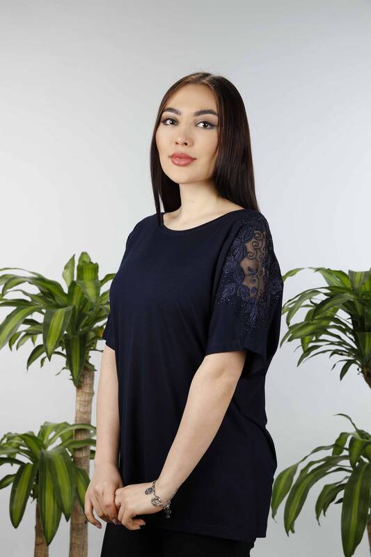 Großhandel Damen bluse - Schulterfrei Tüll detailliert - Rundhalsausschnitt – 77455 | KAZEE