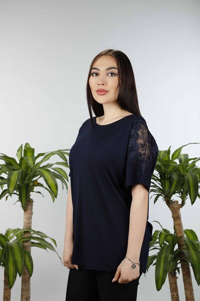 Großhandel Damen bluse - Schulterfrei Tüll detailliert - Rundhalsausschnitt – 77455 | KAZEE - Thumbnail