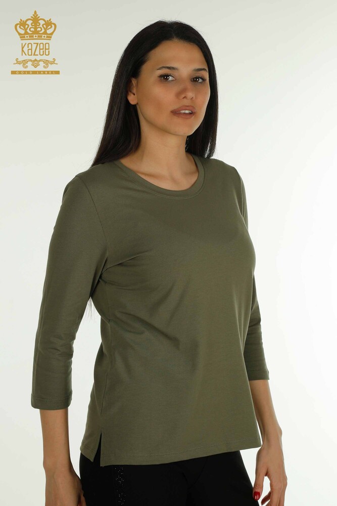 Großhandel Damen Bluse - Stein bestickt - Khaki - 79565 | KAZEE - 1