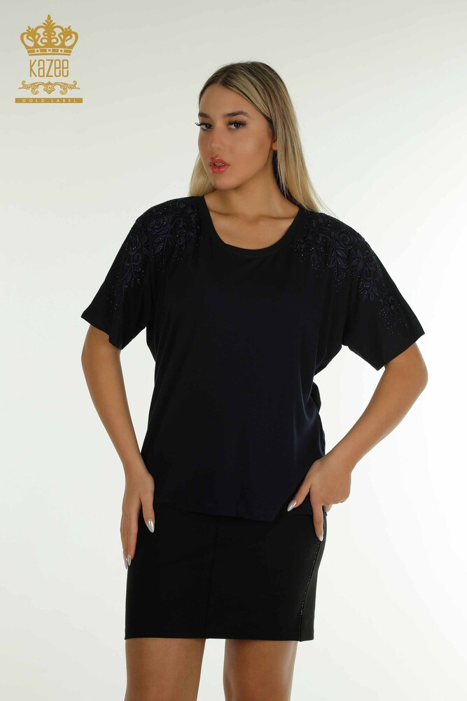 Großhandel Damen bluse - Steinbestickt - Marineblau - 79097 | KAZEE - 1