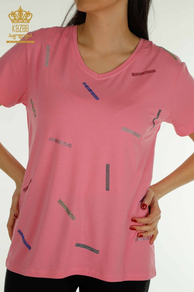 Großhandel Damen bluse - Stein bestickt - Rosa - 79365 | KAZEE - 2