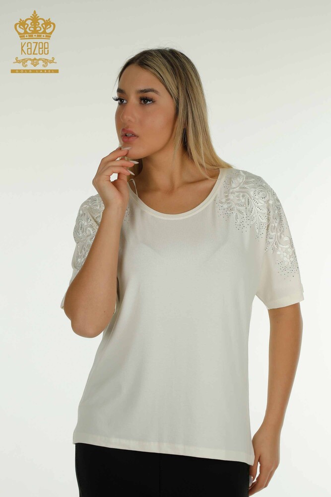 Großhandel Damen bluse - Stein bestickt - Ecru - 79097 | KAZEE - 1