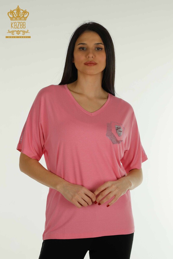 Großhandel Damen Bluse - Stein bestickt - Rosa - 77487 | KAZEE - 1