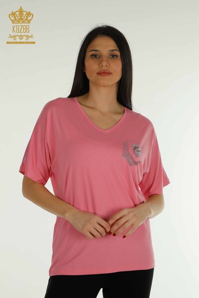 Großhandel Damen Bluse - Stein bestickt - Rosa - 77487 | KAZEE - 1