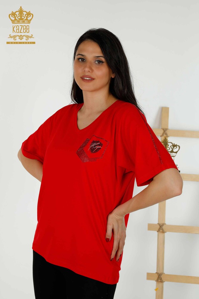 Großhandel Damen Bluse - Steinbestickt - Rot - 77487 | KAZEE - 1