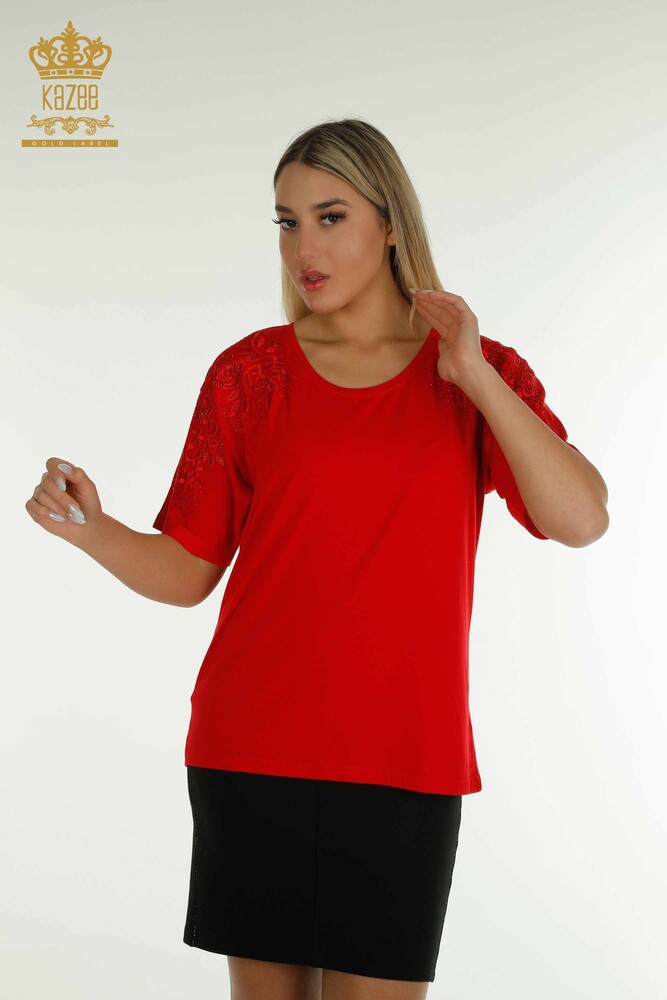 Großhandel Damen bluse - Stein bestickt - Rot - 79097 | KAZEE - 1