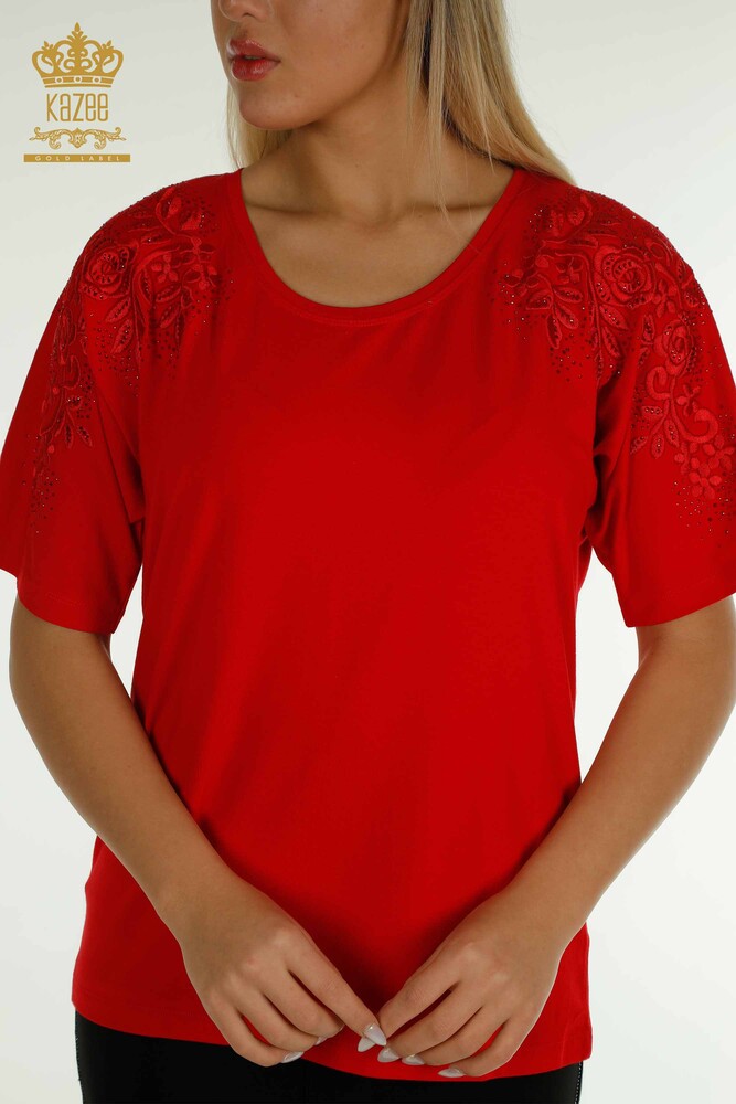 Großhandel Damen bluse - Stein bestickt - Rot - 79097 | KAZEE - 2