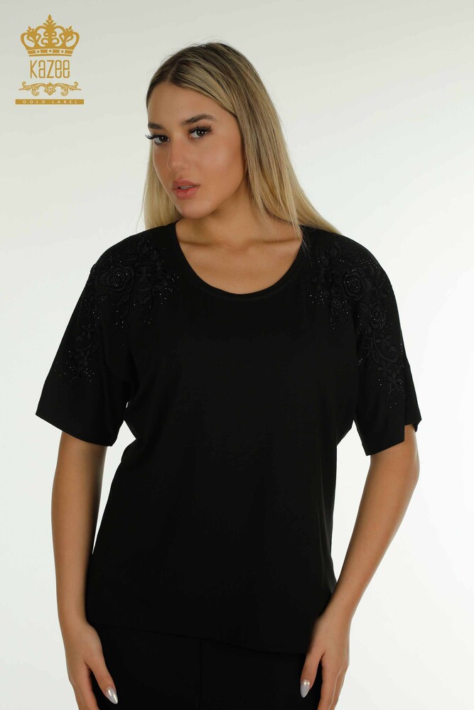 Großhandel Damen bluse - Stein bestickt - Schwarz - 79097 | KAZEE - 1