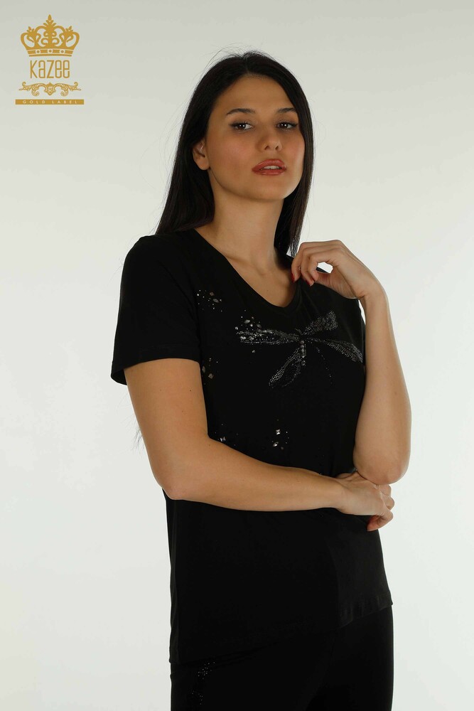 Großhandel Damen bluse - Steinbestickt - Schwarz - 79362 | KAZEE - 1