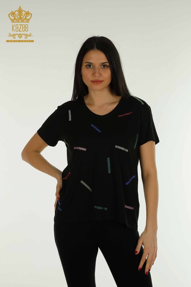 Großhandel Damen bluse - Stein bestickt - Schwarz - 79365 | KAZEE - 1