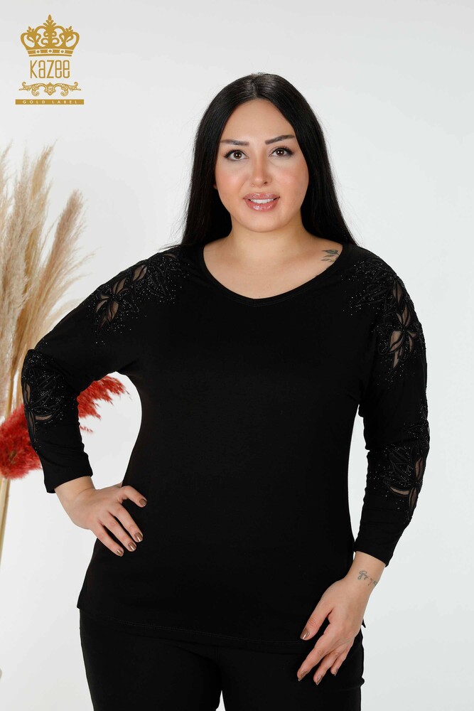 Großhandel Damen Bluse Tüll detaillierte Schwarz-77963 / KAZEE - 1