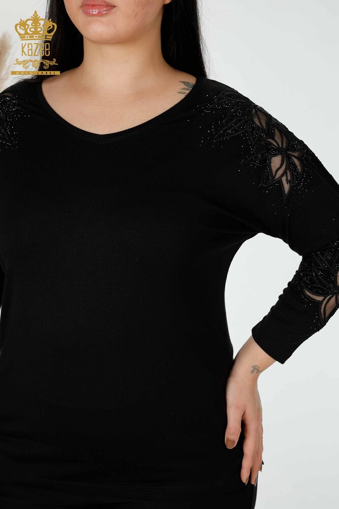 Großhandel Damen Bluse Tüll detaillierte Schwarz-77963 / KAZEE - 2