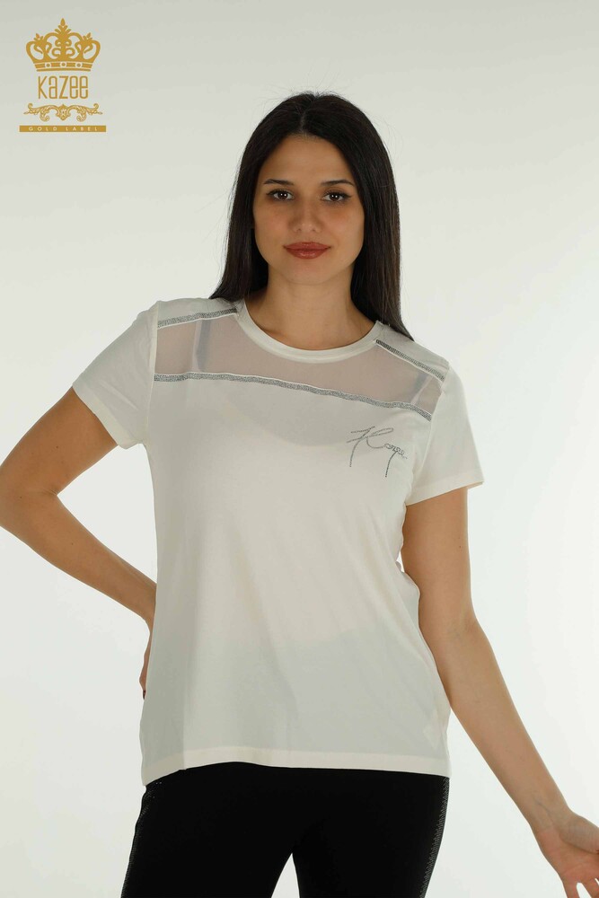 Großhandel Damen bluse - Tüll detailliert - Ecru - 78996 | KAZEE - 1