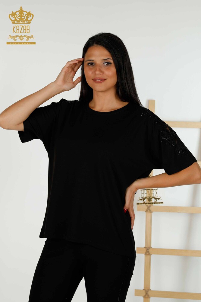 Großhandel Damen Bluse - Tüll detailliert - Schwarz - 79390 | KAZEE - 1