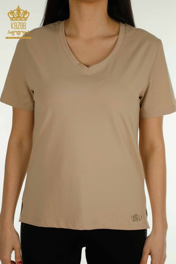 Großhandel Damen Bluse - V-Ausschnitt - Beige - 79564 | KAZEE - 2