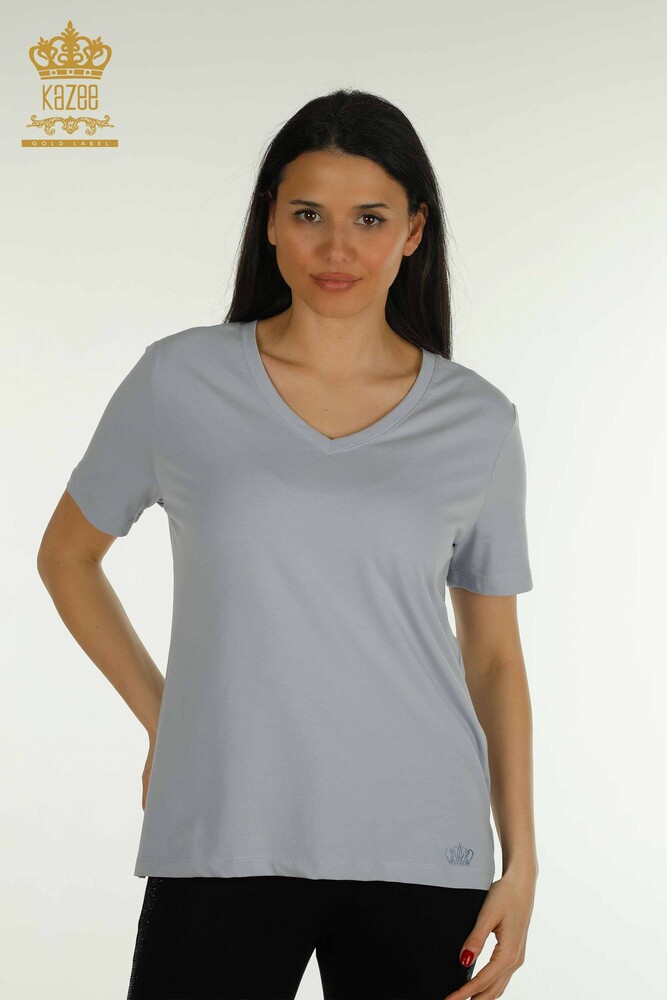 Großhandel Damen Bluse - V-Ausschnitt - Blau - 79564 | KAZEE - 1