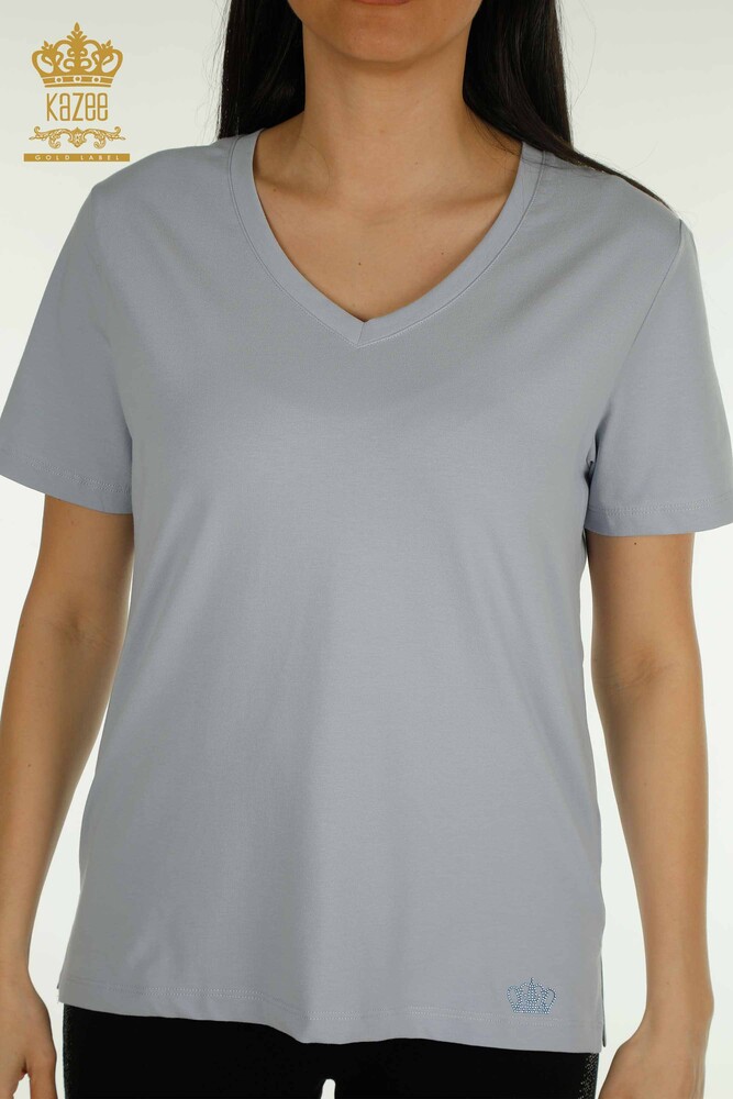 Großhandel Damen Bluse - V-Ausschnitt - Blau - 79564 | KAZEE - 2