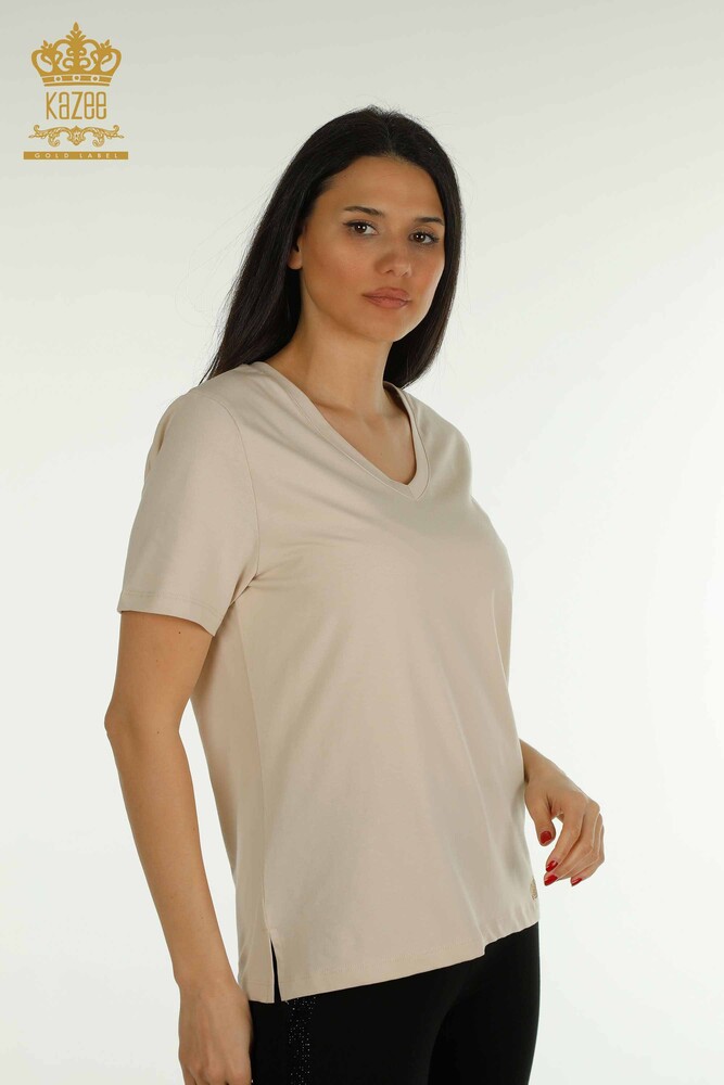 Großhandel Damen Bluse - V-Ausschnitt - Hellbeige - 79564 | KAZEE - 1