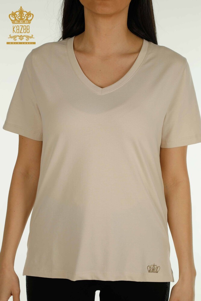 Großhandel Damen Bluse - V-Ausschnitt - Hellbeige - 79564 | KAZEE - 2