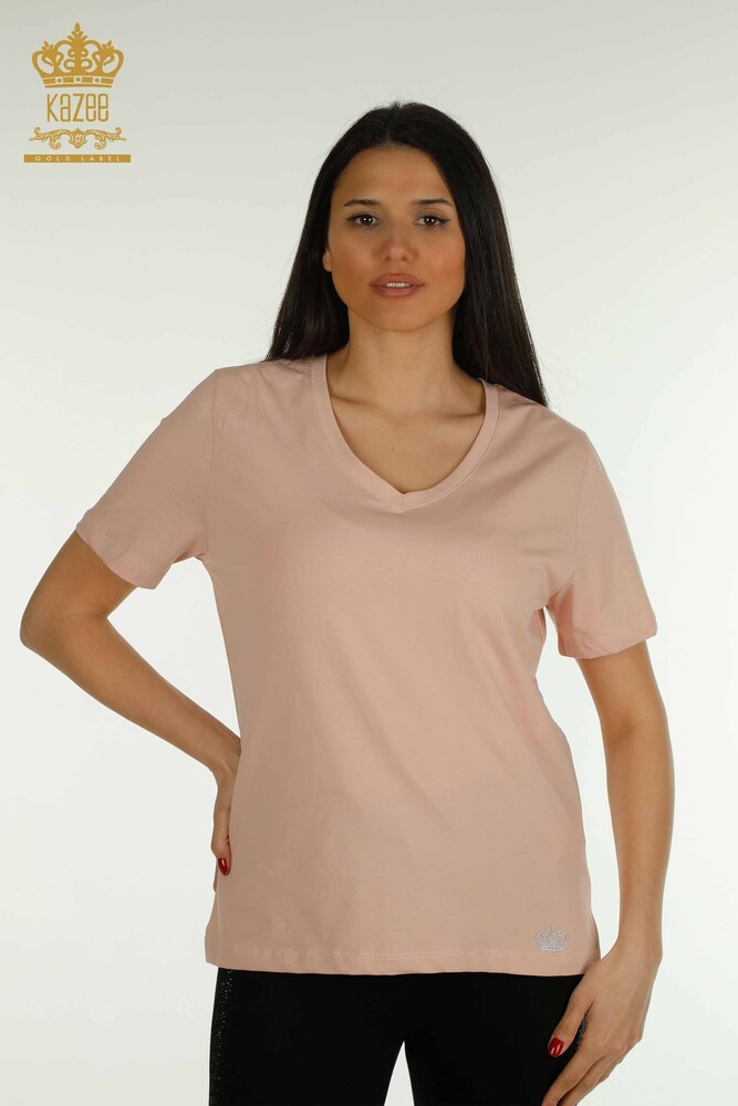 Großhandel Damen Bluse - V-Ausschnitt - Puder - 79564 | KAZEE - 1