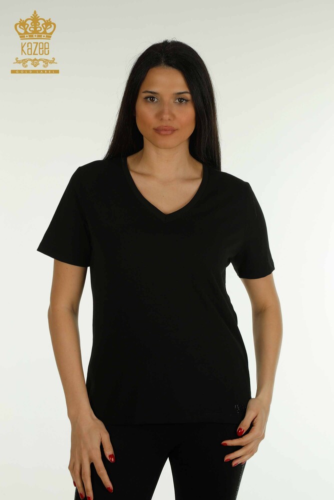 Großhandel Damen Bluse - V-Ausschnitt - Schwarz - 79564 | KAZEE - 1