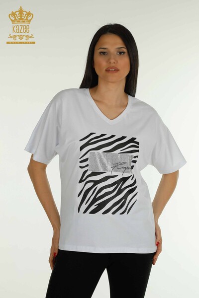 Großhandel Damen Bluse - Zebra Gestreift - Weiß - 79457 | KAZEE - 1