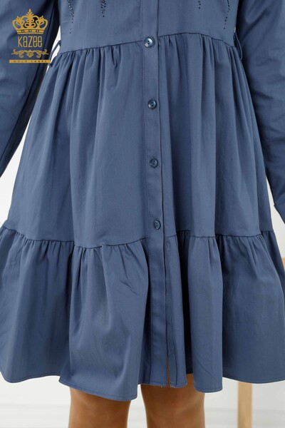 Großhandel Damenkleid - Geknöpft - Stein bestickt - Indigo - 20229 | KAZEE - 6