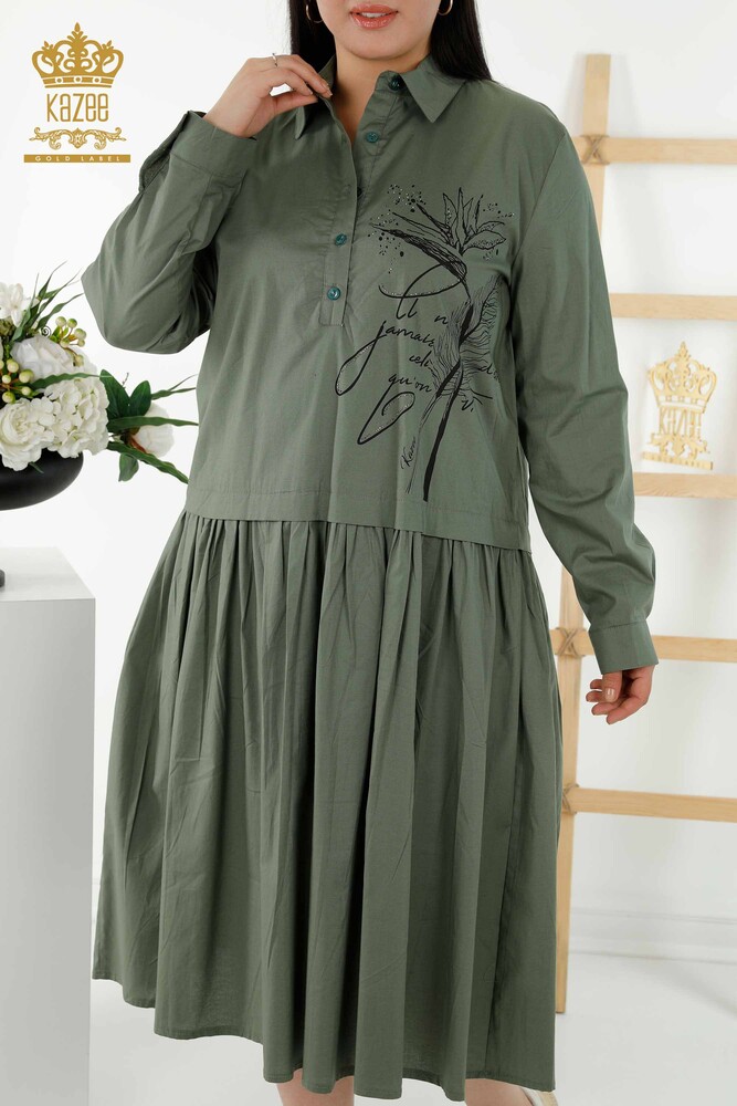 Großhandel Damenkleid Gemustert Mit Knöpfen - Khaki - 20324 | KAZEE - 2