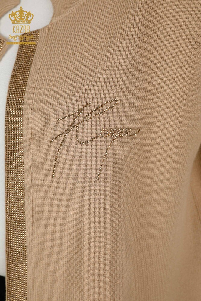 Großhandel Kurze Damen Weste im - Stein bestickt - Beige - 30409 | KAZEE - 4