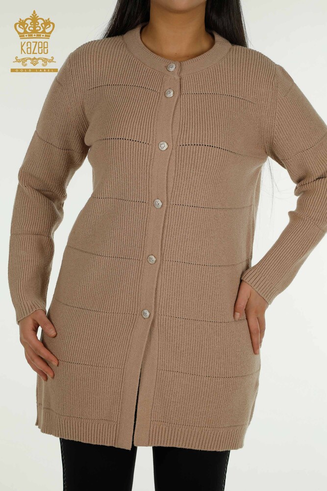 Großhandel Lange Strickjacke für Damen im - Mit Löchern - Beige - 30643 | KAZEE - 2