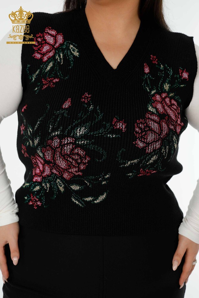 Großhandel Damen Pullover Blumenmuster Schwarz - 19106 | KAZEE - 2