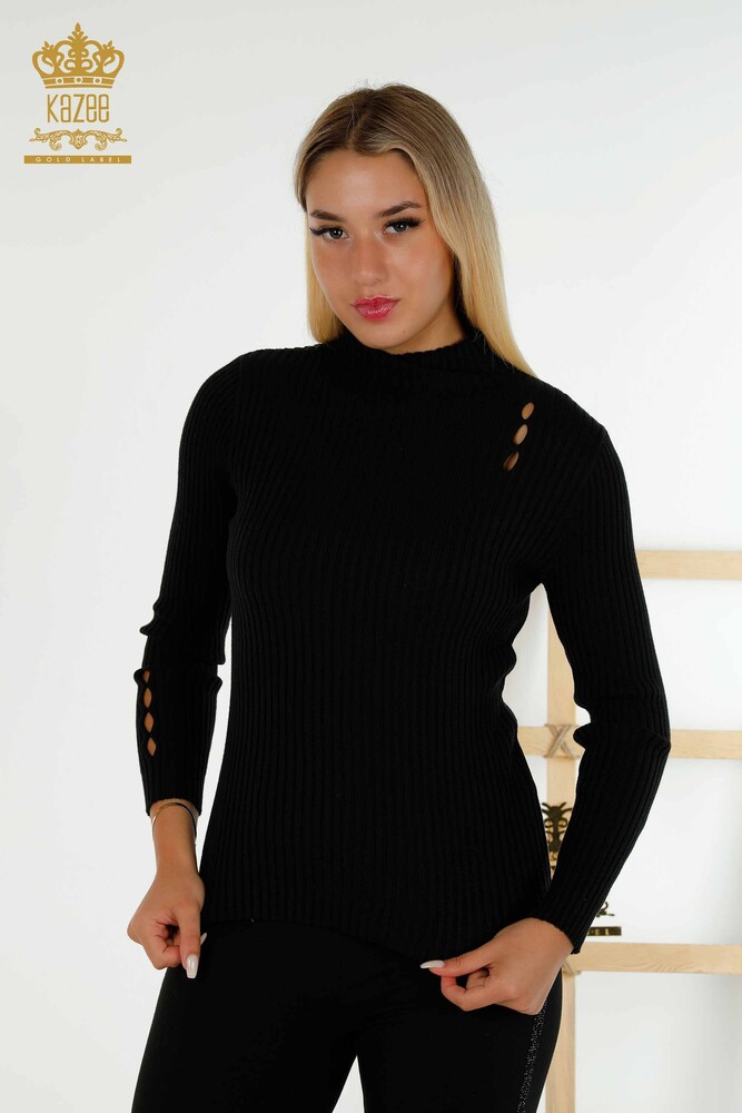 Großhandel Damen-Strick pullover - Lochdetailliert - Schwarz - 30395 | KAZEE - 1