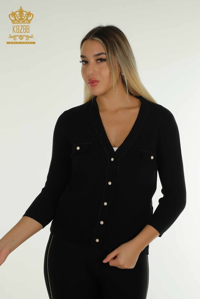 Großhandel Damen Strickjacke - Knopfdetail - Schwarz - 30366 | KAZEE - 1