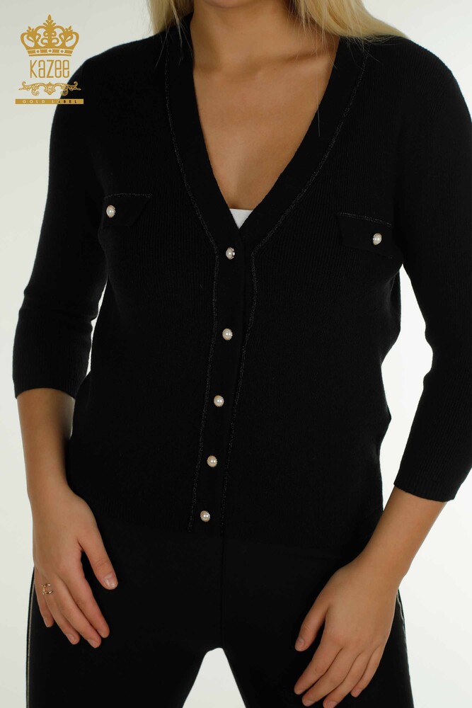 Großhandel Damen Strickjacke - Knopfdetail - Schwarz - 30366 | KAZEE - 2