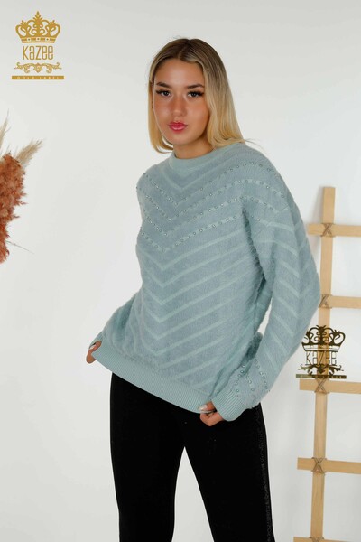 Großhandel Damen-Strickpullover - Angora Perlen bestickt - Mint - 30189 | KAZEE 