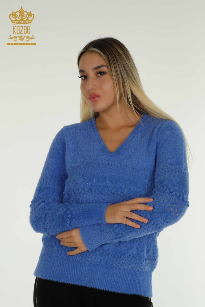 Großhandel Damen-Strickpullover - Angora - V-Ausschnitt - Blau - 30697 | KAZEE - 1