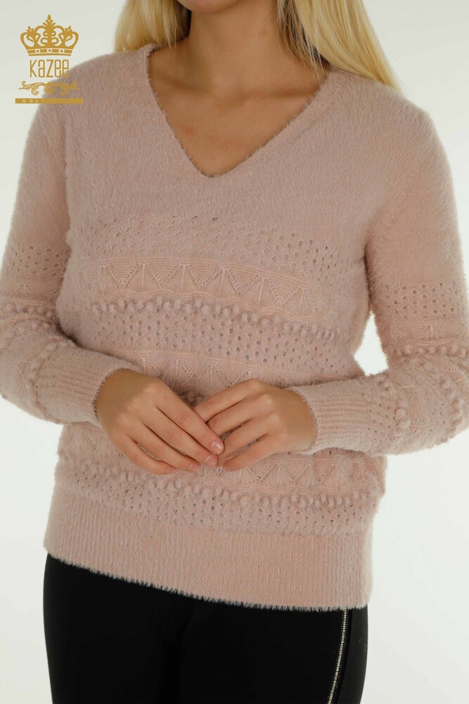 Großhandel Damen-Strickpullover - Angora - V-Ausschnitt - Puder - 30697 | KAZEE - 2