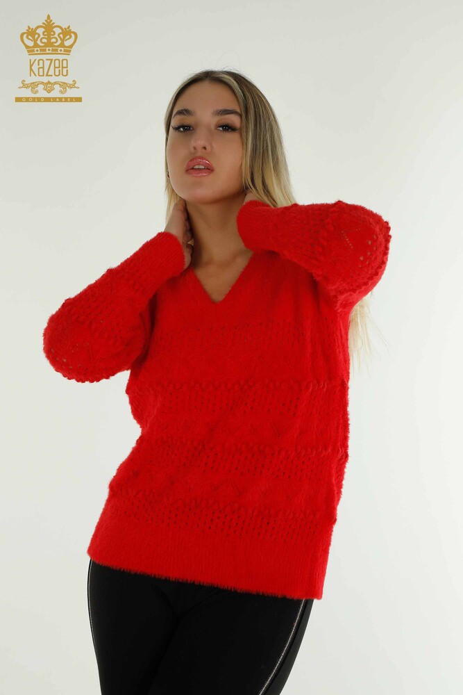 Großhandel Damen-Strickpullover - Angora - V-Ausschnitt - Rot - 30697 | KAZEE - 1