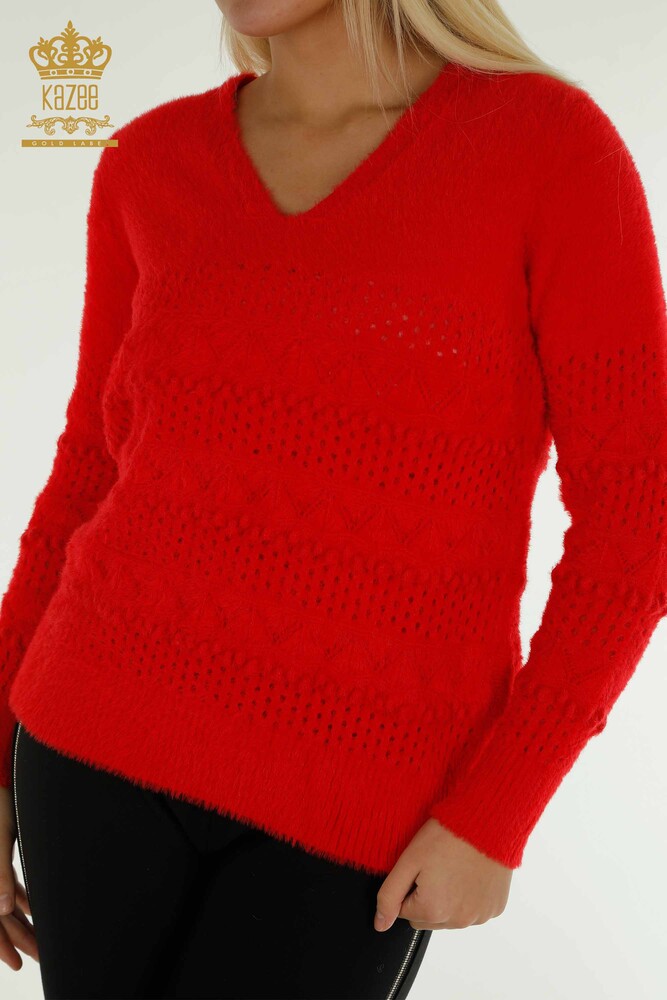 Großhandel Damen-Strickpullover - Angora - V-Ausschnitt - Rot - 30697 | KAZEE - 2