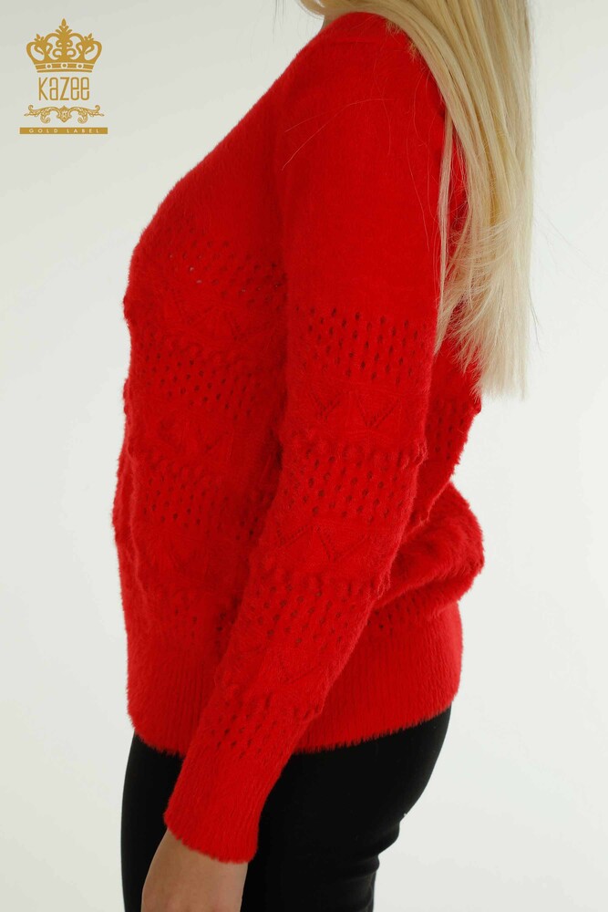 Großhandel Damen-Strickpullover - Angora - V-Ausschnitt - Rot - 30697 | KAZEE - 5