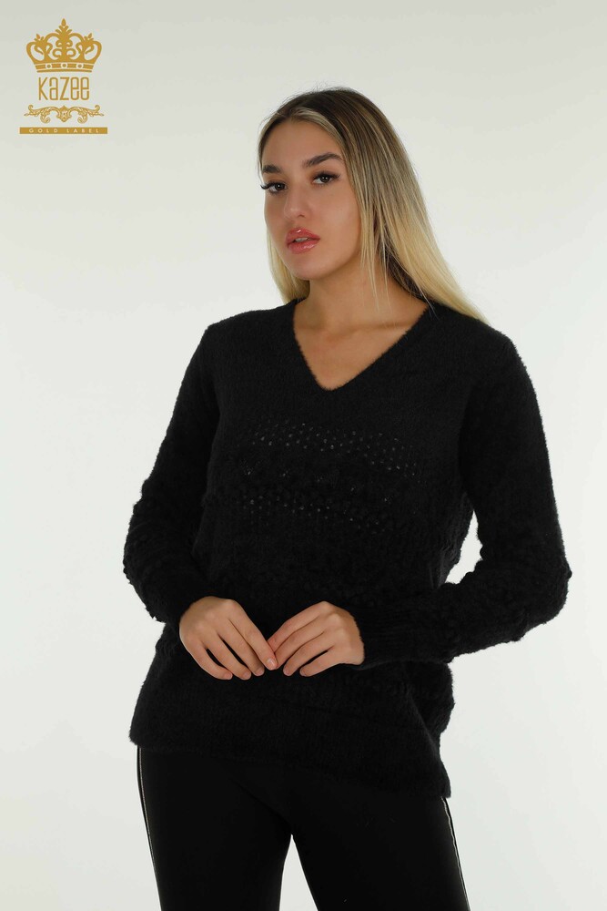 Großhandel Damen-Strickpullover - Angora - V-Ausschnitt - Schwarz - 30697 | KAZEE - 1