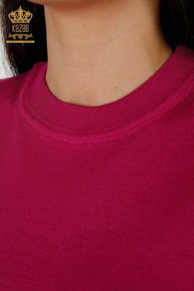 Großhandel Damen-Strickpullover – Basic – Mit Logo – Dunkelfuchsia – 30254 | KAZEE - 3