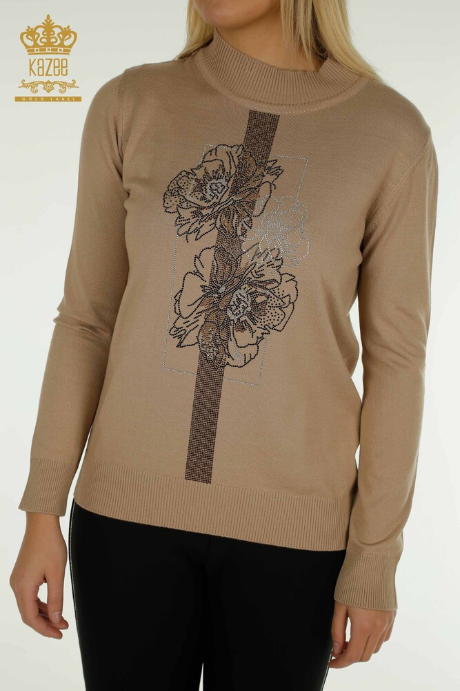 Großhandel Damen-Strickpullover - Blumen stickerei - Beige - 30614 | KAZEE - 2