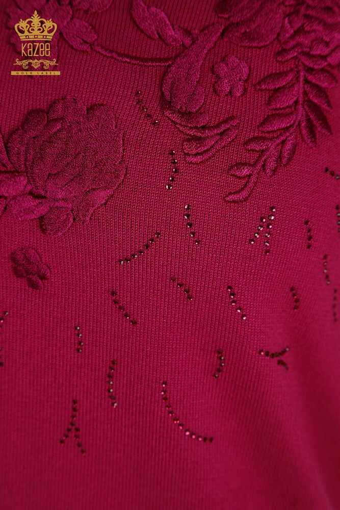 Großhandel Damen-Strickpullover - Blumen Stickerei - Fuchsia - 16849 | KAZEE - 4