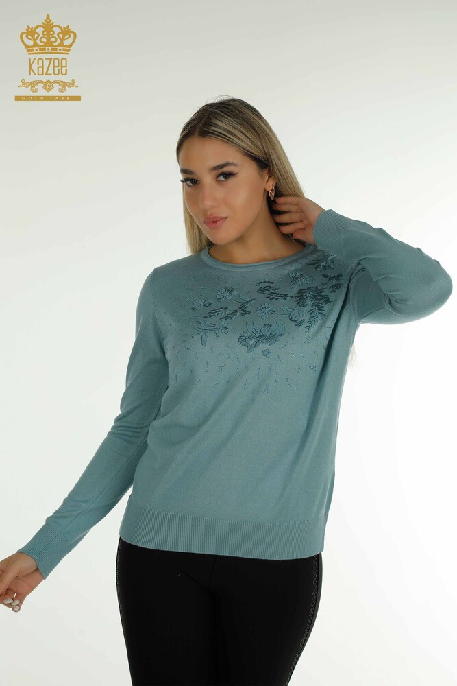 Großhandel Damen-Strickpullover - Blumen Stickerei - Mintgrün - 16849 | KAZEE - 1