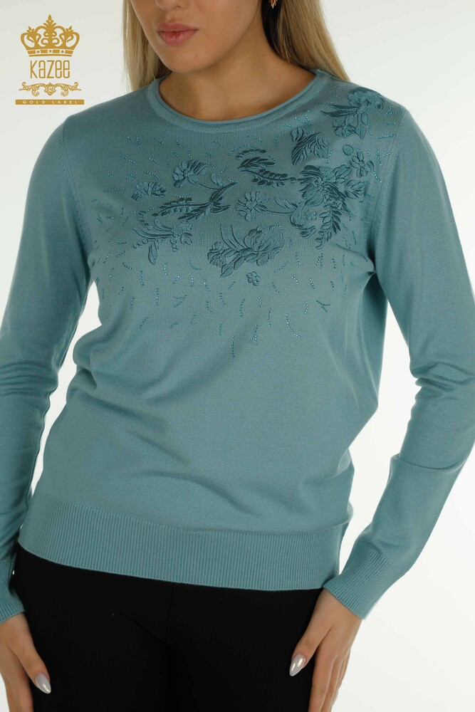 Großhandel Damen-Strickpullover - Blumen Stickerei - Mintgrün - 16849 | KAZEE - 2