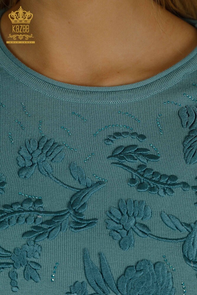 Großhandel Damen-Strickpullover - Blumen Stickerei - Mintgrün - 16849 | KAZEE - 5