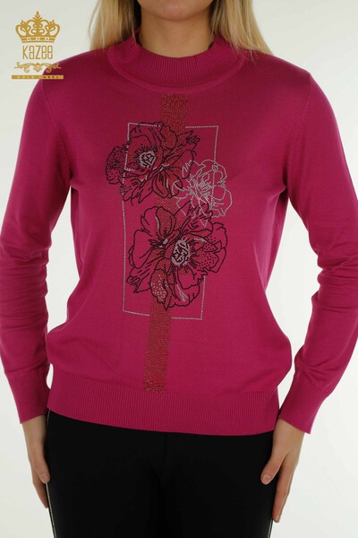 Großhandel Damen-Strickpullover - Blumenstickerei - Fuchsia - 30614 | KAZEE - 2